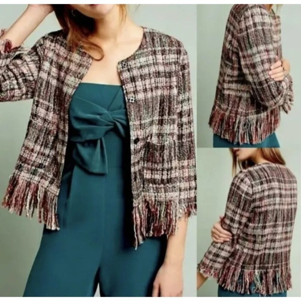 Ett Twa Anthropologie Petites XSP Fringe Hem Plaid Jacket Boho Tweed